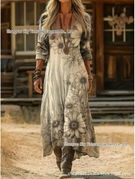 2026 Spring Retro V-neck Long-sleeved Plus Size Dress