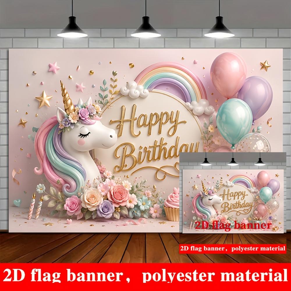 Unicorn Birthday Banner Backdrop Macaron Balloons Rainbow Flowers Stars Polyester