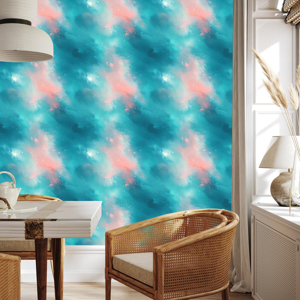 Watercolor Galaxy Wallpaper Turquoise and Light Gray 50x1000