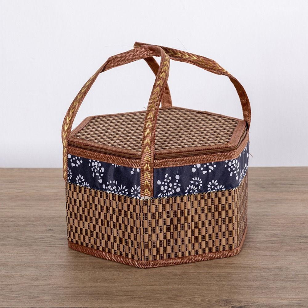 Handheld Bamboo Woven Picnic Basket Cylindrical Tote Storage Basket Dessert Food Bag  Tea