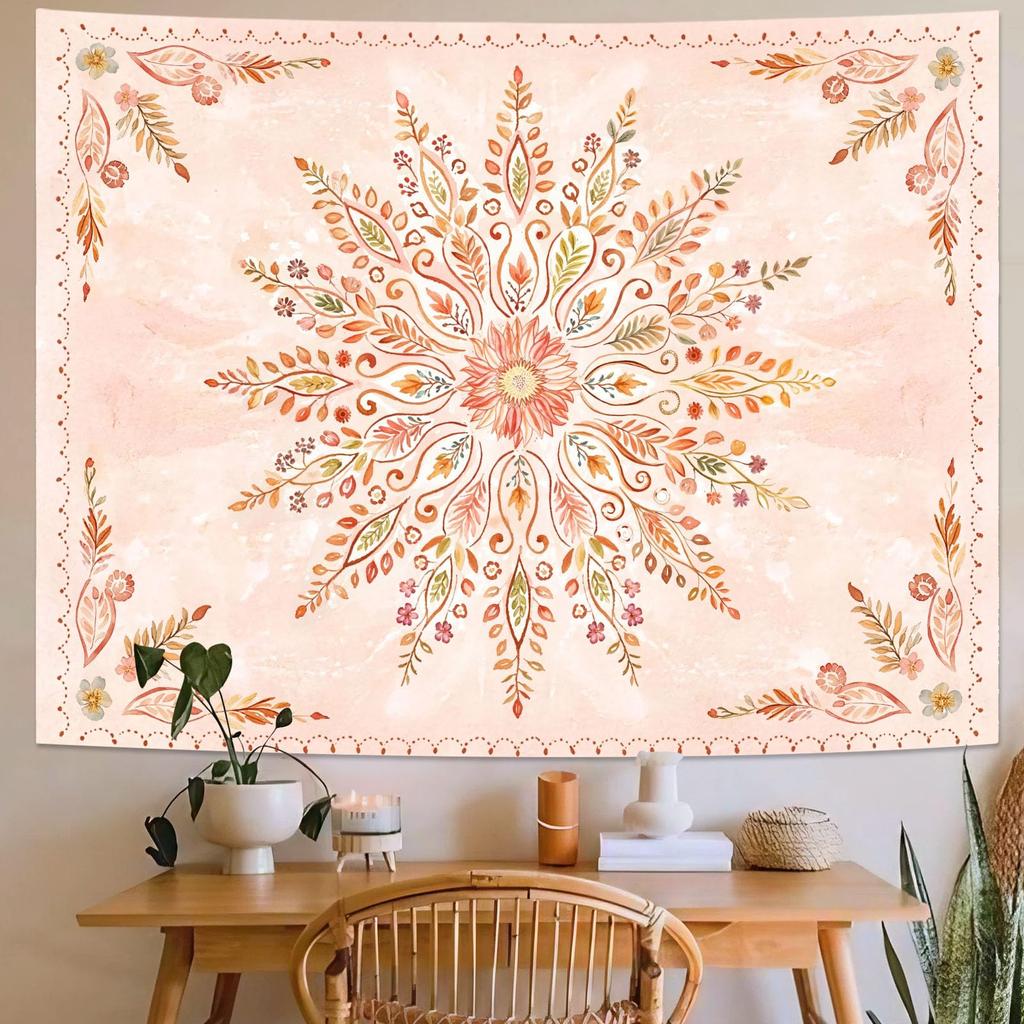 Aesthetic Boho Mandala Tapestry, Vintage Orange Floral Wall Hanging, Ethnic Bohemian Tapestry For Bedroom Living Room Dorm