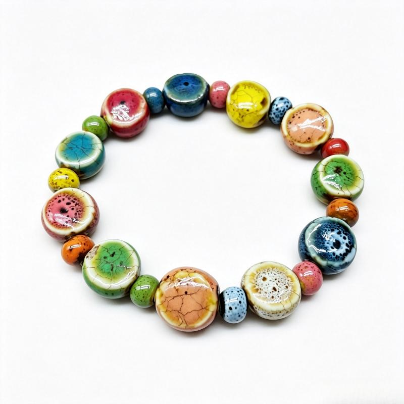 Handmade Boho Ceramic Beaded Bracelet Bright Colorful Elastic Wristband Fun Jewelry for Summer Vacation Trips