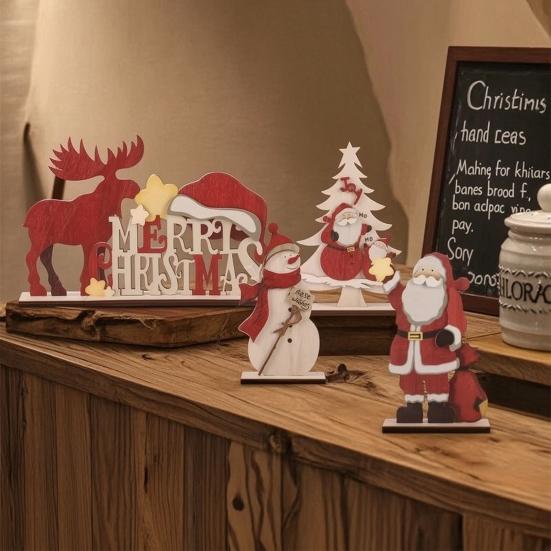 Elk Tabletop Decorations Nordic Christmas Ornaments, Wood Reindeer Santa Claus Snowman Figurine, Small Shelf Rustic Desktop Decoration for Holiday