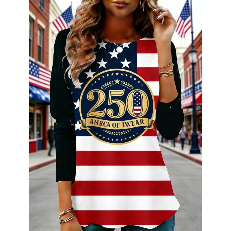 Women's T Shirt Tee Top Print Graphic American Flag Fashion Stylish Classic Long Sleeve Crew Neck Regular Tops
