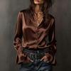 Long Sleeve Satin Button Down Shirt for Women with Flared Cuffs Classic Collar Relaxed Fit Silky Blouse Top