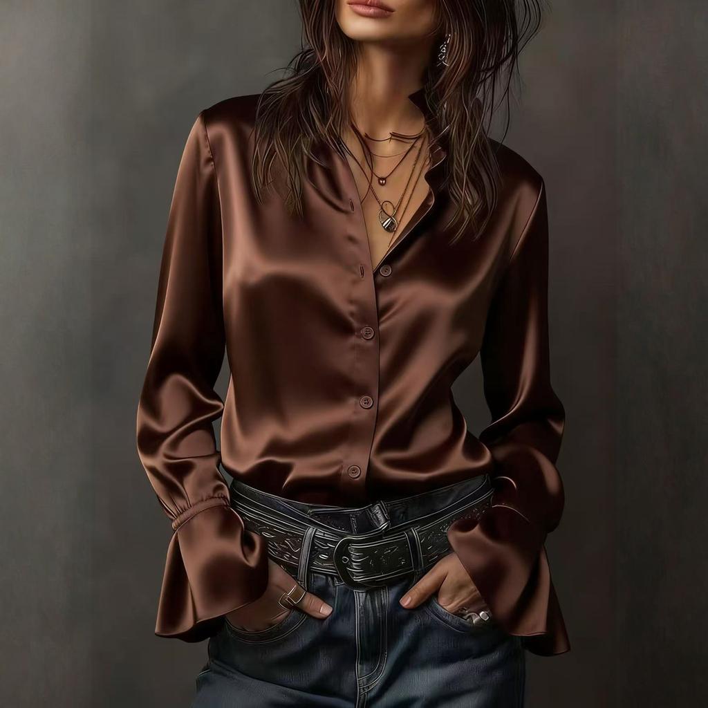 Long Sleeve Satin Button Down Shirt for Women with Flared Cuffs Classic Collar Relaxed Fit Silky Blouse Top