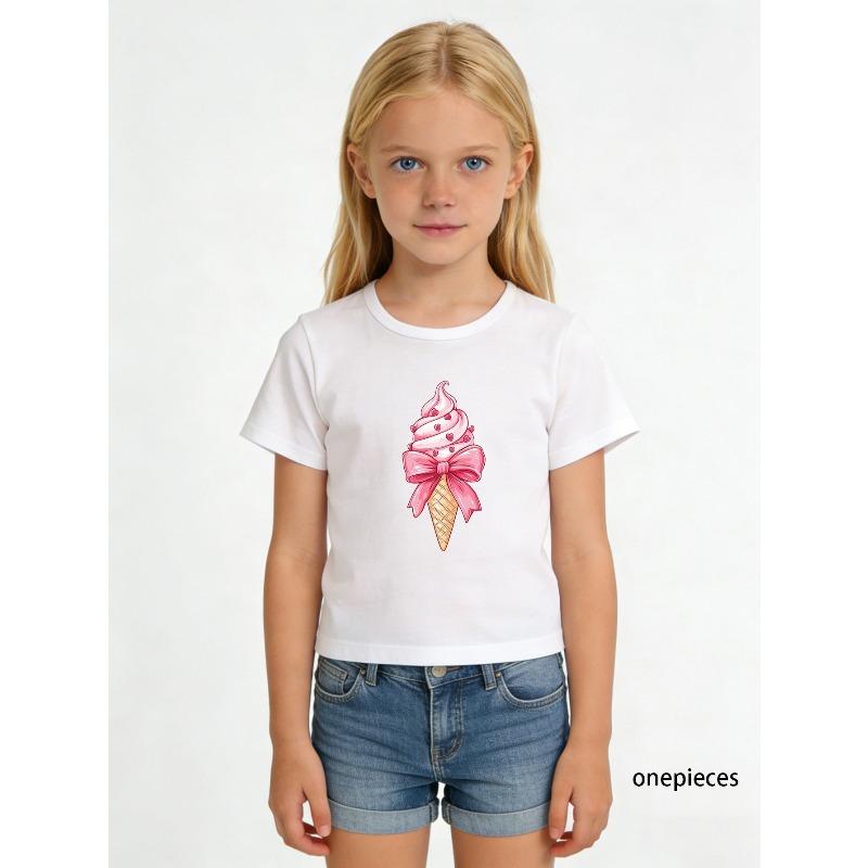European sizes A Seasonal T-Shirt Suitable for Outdoor Activities, Featuring a Cute And Creative Ice Cream Cone Print with a Bow