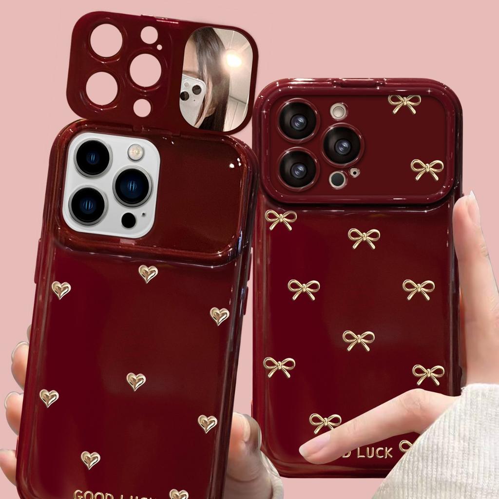 Burgundy Bow Love Lanyard for Apple 17 New Year Mobile Phone Case Iphone15promax Silicone 16 Women