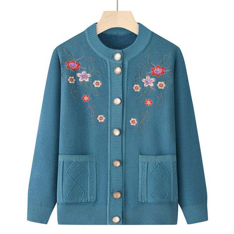 

Осенний кардиган бабушки: Уютный вязаный свитер для женщин среднего и пожилого возраста, с добавлением бархата, идеально подходит для осени и зимы. 4XL (140-155 Jin) синий