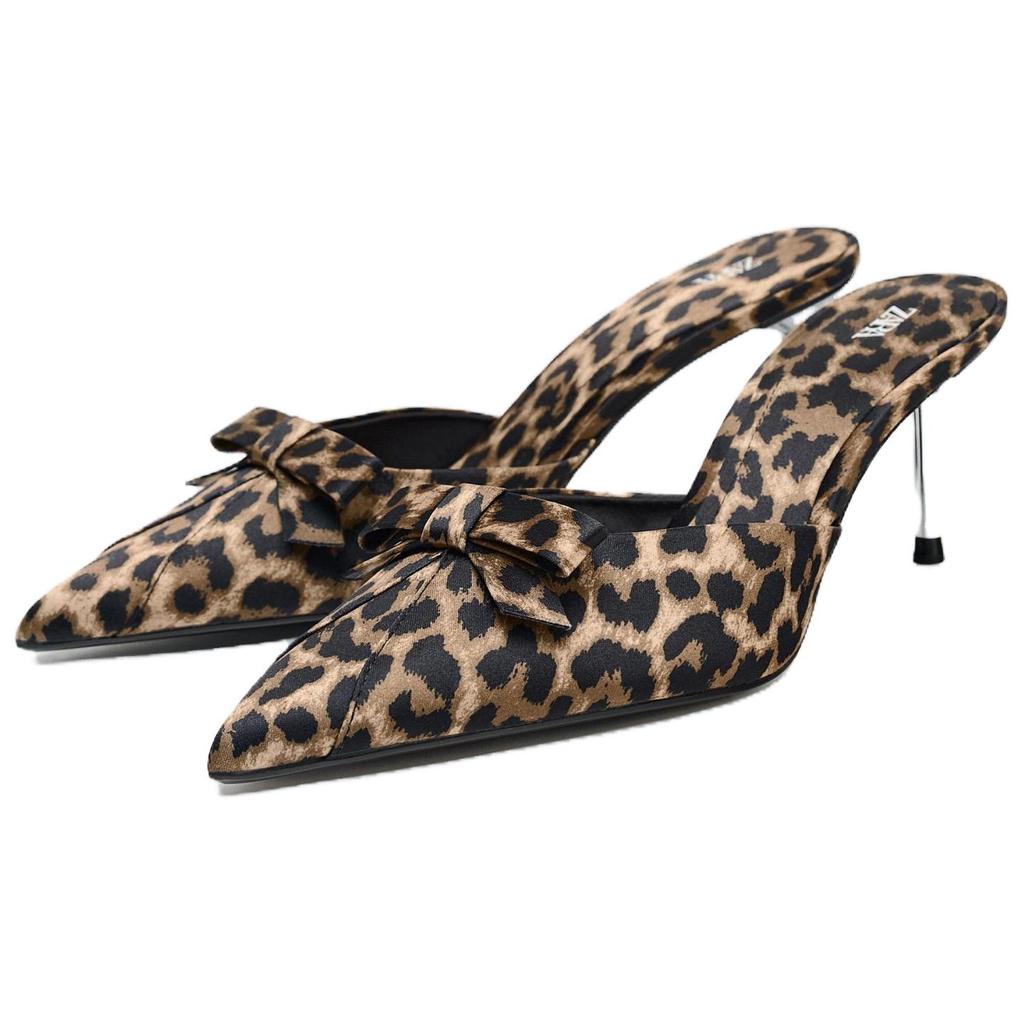 Zara Minimalist Comfortable Versatile High Heel Printed Bow Decorated Pointed Toe Mule Sandals Women Footwear Leopard-Print 1352510-38