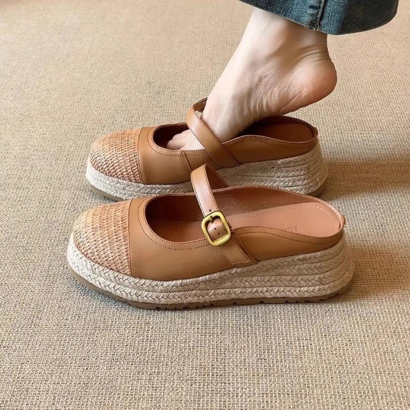Maillard~ Woven splicing wedge heel slippers women's bag head half drag summer wear retro straw thick-bottomed cool slippers
