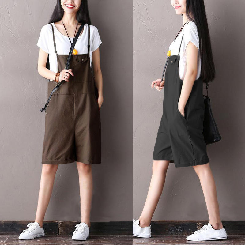 Damen Riemchen Baumwolle Leinen Lange Hose Overall Latzhose Locker Strampelanzug