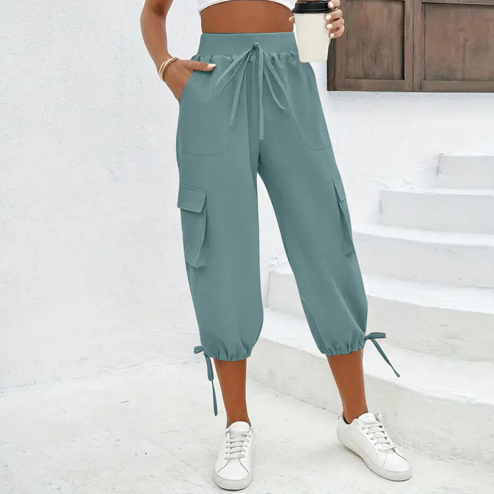 

Женские капри с карманами, эластичные, легкие, повседневные брюки карго, летние укороченные брюки, одежда для улицы S синий