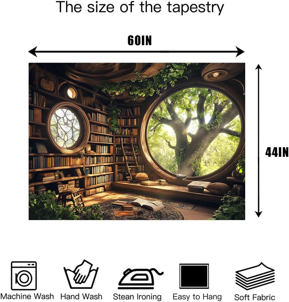 Window Tapestry Forest Window Tapestry Library Tapestries Tree Bookshelf Wall Blanket For For Bedroom Living Room Dorm Decor