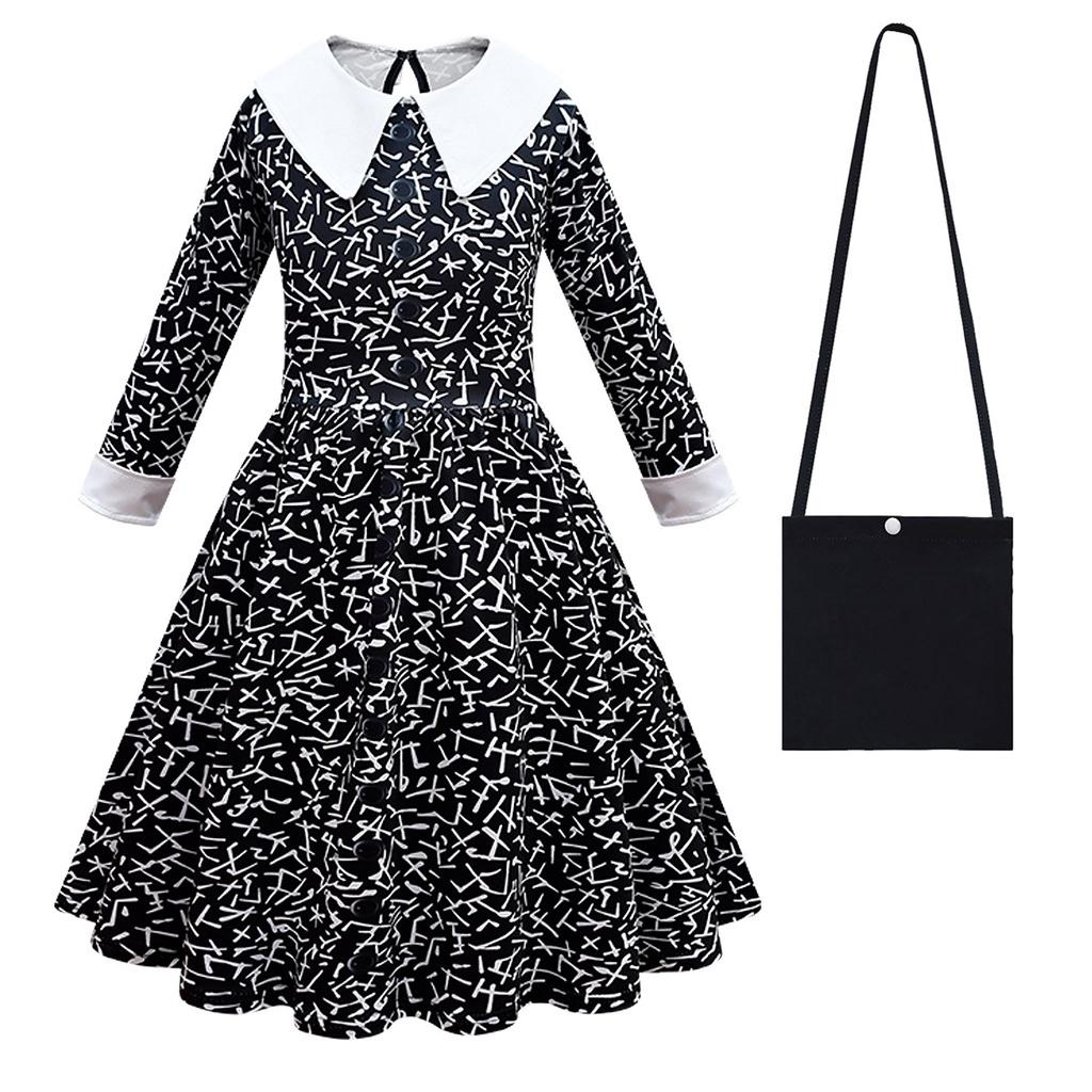 Addams Family Wednesday Cosplay Kostüm-Luxuriöses Schwarzes Kleid für Halloween Weihnachtsfeier