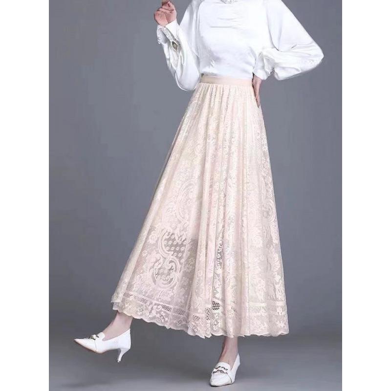 Women Vintage Sexy Hollow Lace High Waist Elegant Party Long Skirt Summer Fashion Black Pleated Fairy A Linen Maxi Skirts Faldas