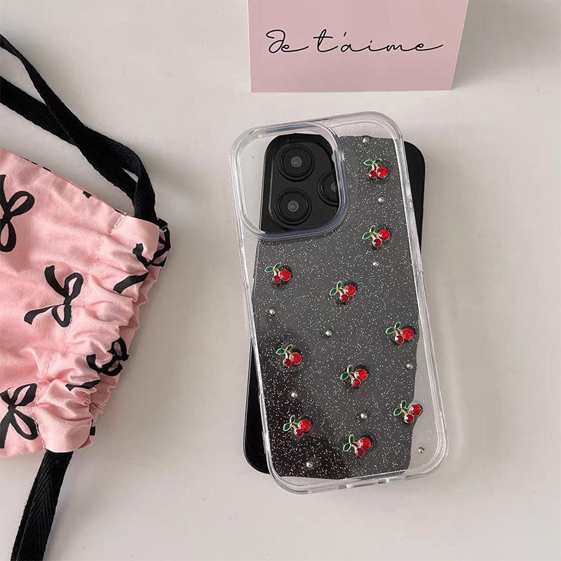

Прозрачный чехол для мобильного телефона с блестками и вишнями для Apple 17 Promax, простой с серебристыми бусинами для iPhone 15, женская модель, маленький и свежий For iPhone 17Promax