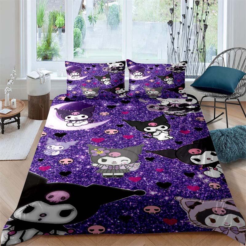 New Kuromi-themed Three-piece Bedding Set, Including Duvet Cover and Pillowcases, But Without Filling. A Great Holiday Gift.