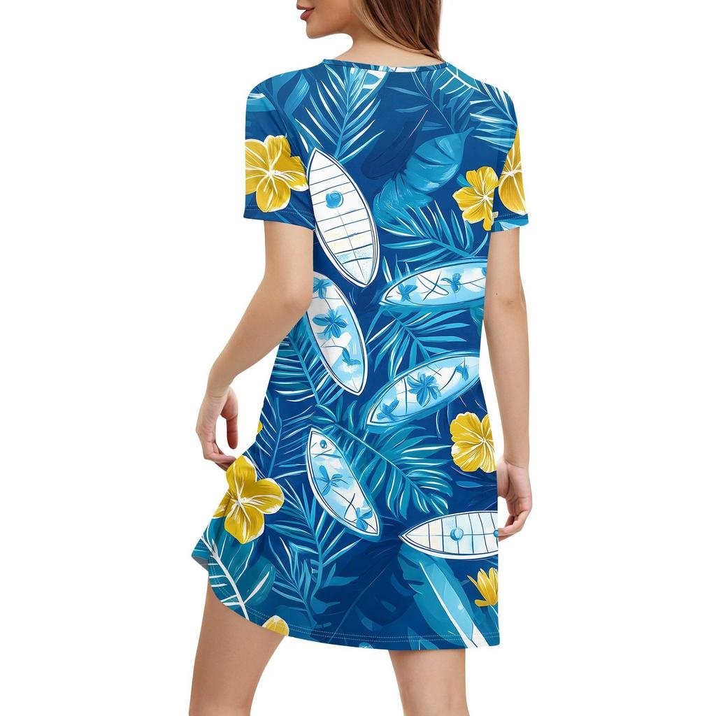 Women's Fashion Casual Printed With Pockets Bohemian Beach V-Neck Short Sleeve Dresses