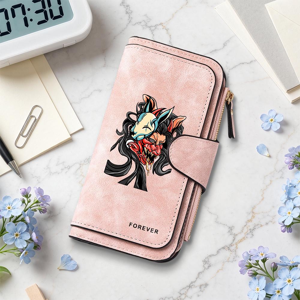 Gothic Oni Mask Print Long Wallet Cool Fashion Card Holder Portable Casual Money Pouch For Daily Use