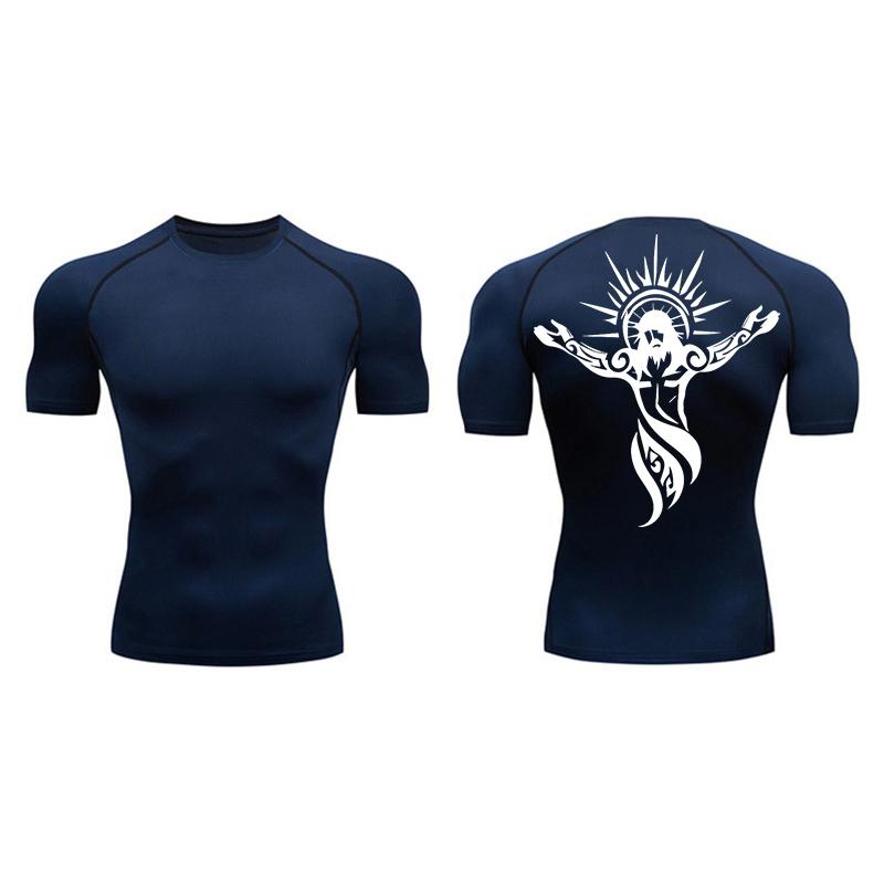 Cross Print Compression Shirt for Men Athletic Quick Dry Short Sleeve Tops Baselayer Christian Gym Workout Running T-shirts Tees
