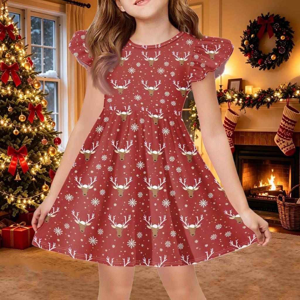Girls Christmas Print Sleeve Dress for Casual Holiday Party and Everyday Wear