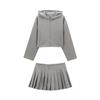 Berkeley Girl American Preppy Style Classy Gray Lazy Style Hooded Cardigan + Pleated Two-Piece Overskirt Suit