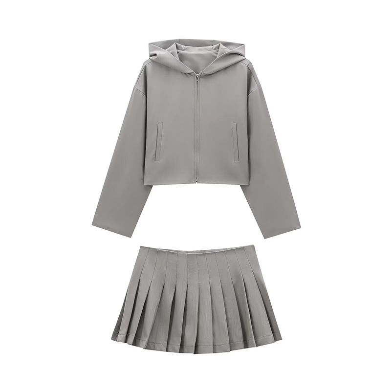 Berkeley Girl American Preppy Style Classy Gray Lazy Style Hooded Cardigan + Pleated Two-Piece Overskirt Suit