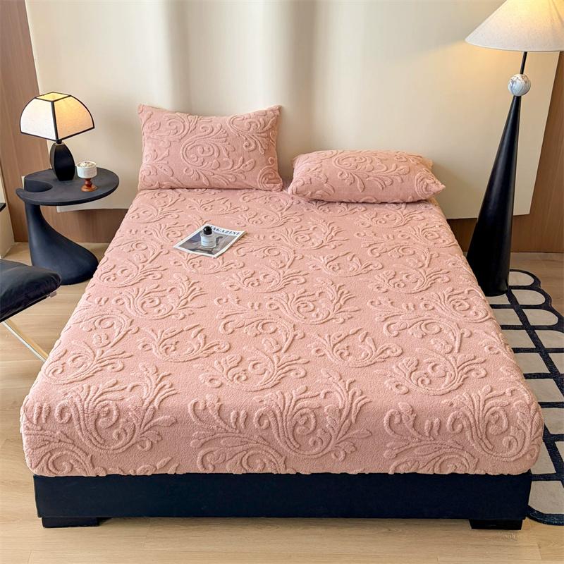 1PCS Plush Embossed Fitted Sheet Thick Warm Bedding for Autumn Winter Soft Comfortable Fabric Deep Pocket Design for Queen King Single  No Pillowcases
