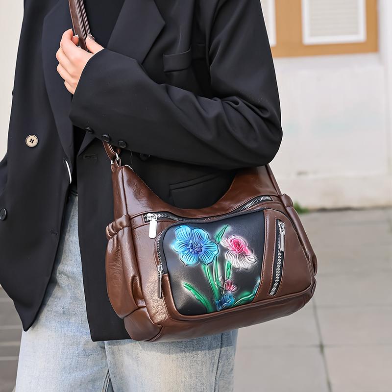 Flower Crossbody Bag Mittleren Alters Muttertasche Damen Weiches Leder Große Kapazität Umhängetasche