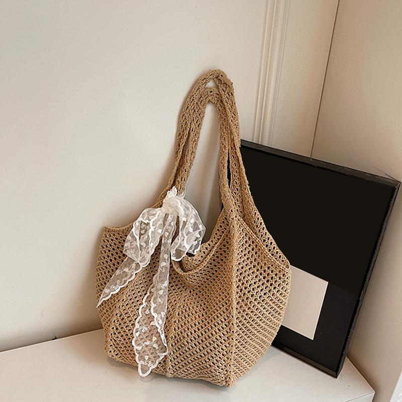 Yogodlns Women Hollow Out Crochet Tote Bag Fashion Knitted Bag Large Capacity Scarf Decor Handbag Female Summer Beach Solid Color Woven Shoulder Bag