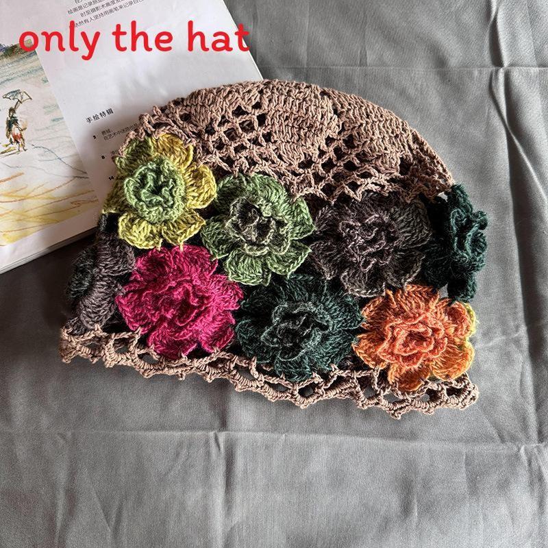 Style Knitted Ethnic Hat With Hollow Out Design And Flower Decoration Daily For