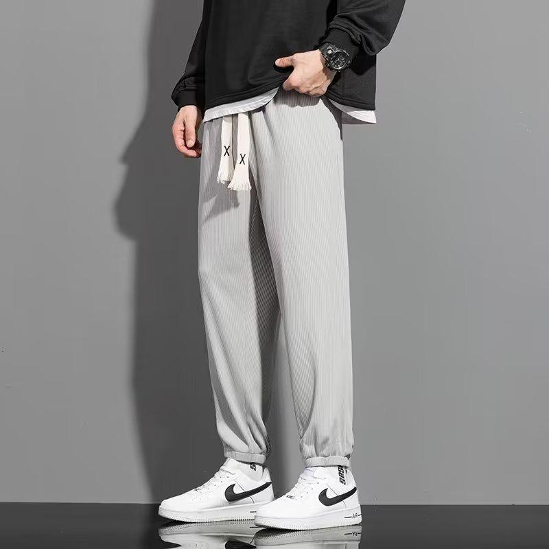 Men's Trendy Summer Ice Silk Wide-Leg Pants - Casual, Solid Color, Plus Size, Straight-Leg Sports Style