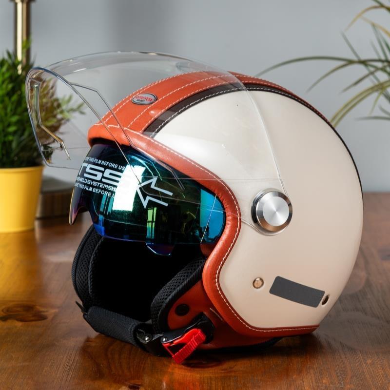 DOT White Orange Leather Open Face Motorcycle Helmets for Scooter Moped Cruiser Cafe Racer Retro Vintage Jet Helmets Daul Lens