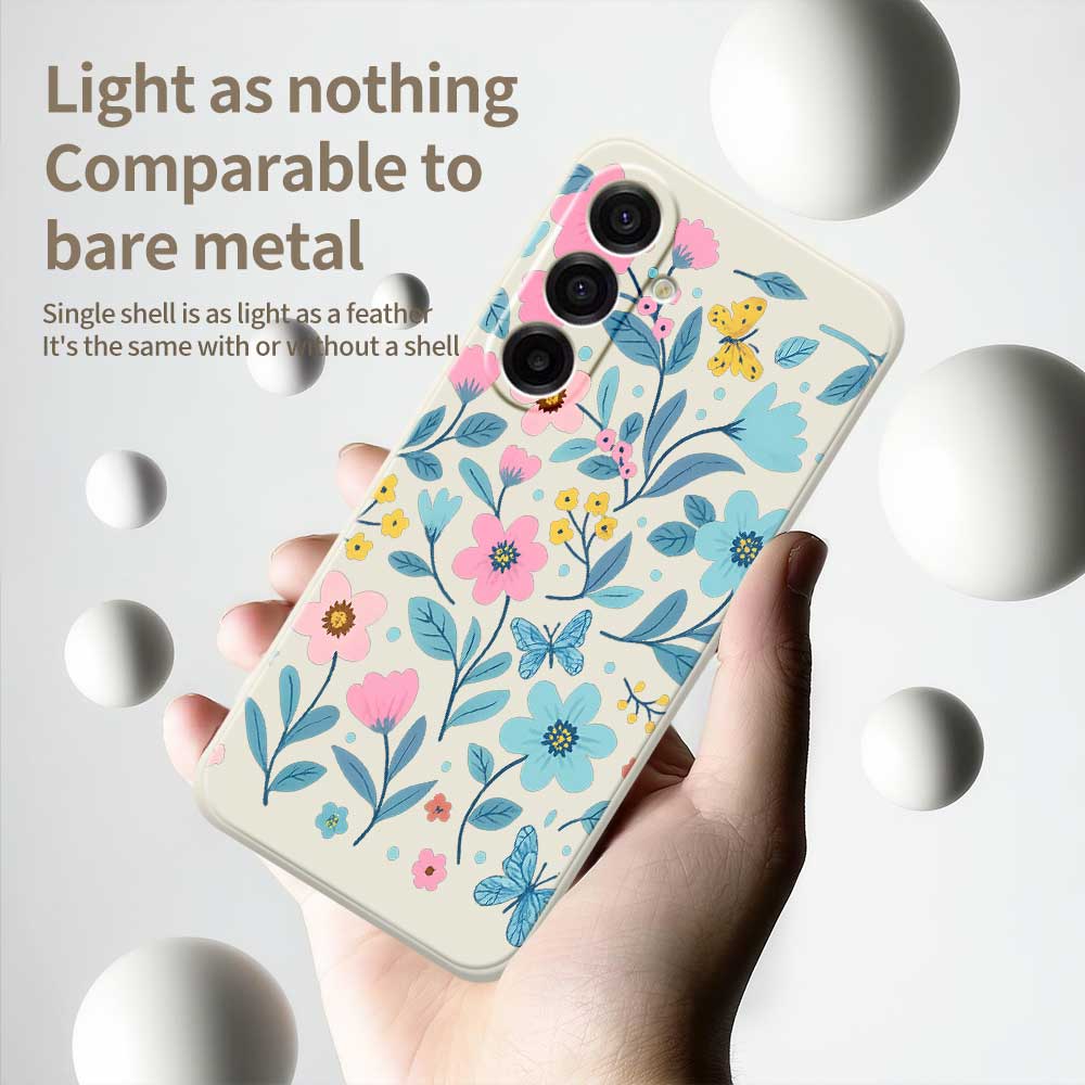 For Samsung Galaxy A17 5G Case Blue Pink Flowers Pattern Printing Straight Edge TPU Phone Back Cover