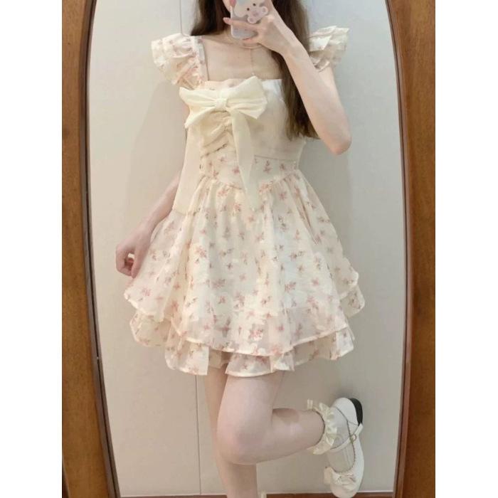 

French sweet wind small flying sleeves floral dress women s summer small bow waist on the run princess short skirt S