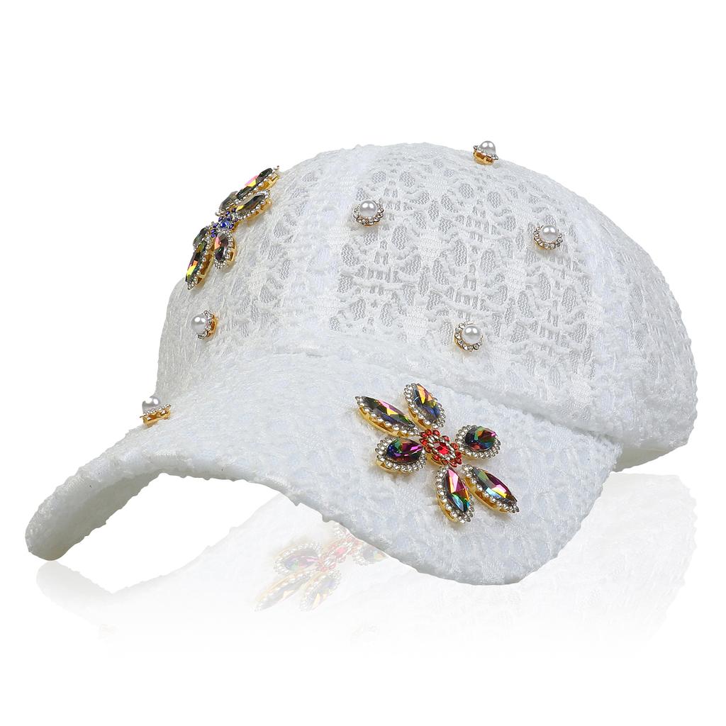 Rhinestone Pearl Flower Lace Baseball Cap, Women Breathable Mesh Adjustable Summer Sun Hat