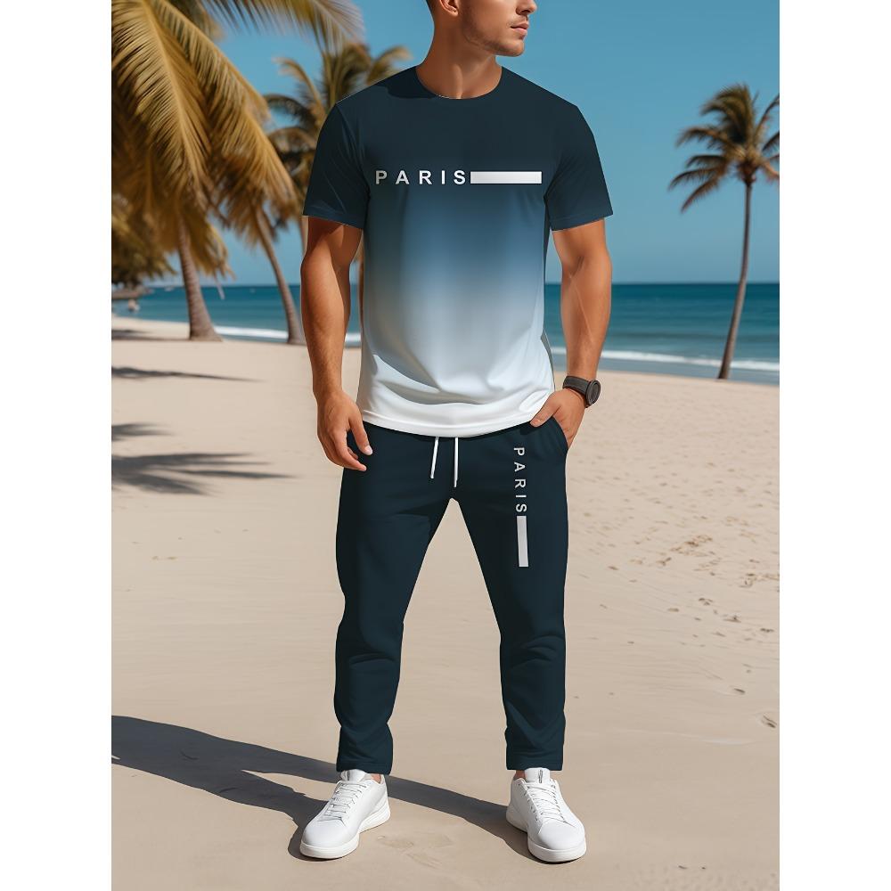 Summer Men's Gradient Letter Printed Breathable Round Neck T-shirt and Pants Set Outdoor Casual