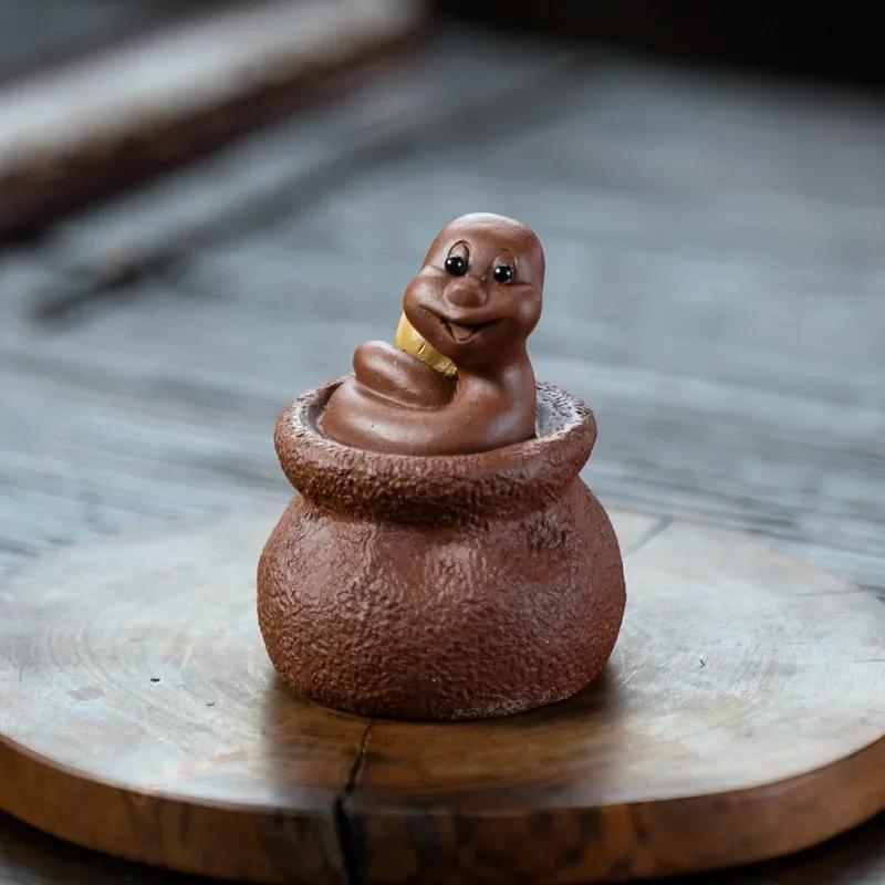 Chinese Yixing Purple Clay Tea Pet Handmade Zodiac Snake Statue Ornaments Animal Tea Figurine Crafts Home Tea Set Decors