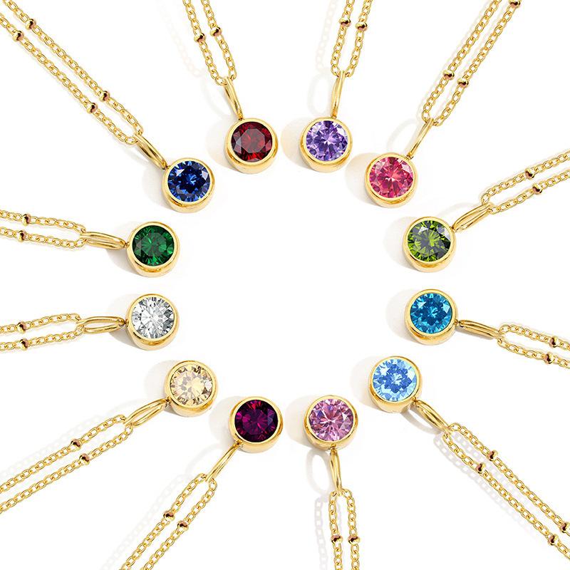 Stainless Steel Vacuum-Plated Birthstone Rhinestone Necklace for Women - Fashionable European & American Style