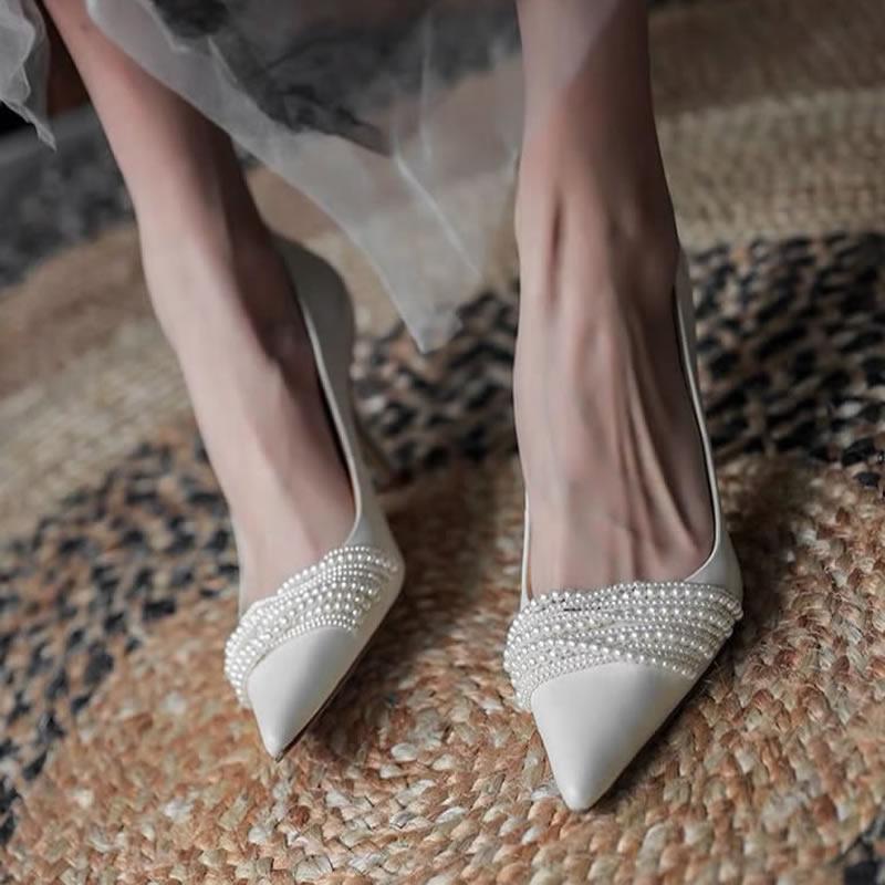 French Single Shoes Women's 2025 Autumn Niche Pearls Shallow Mouth Pointed High Heels Stilettos Fashion All-match Personality