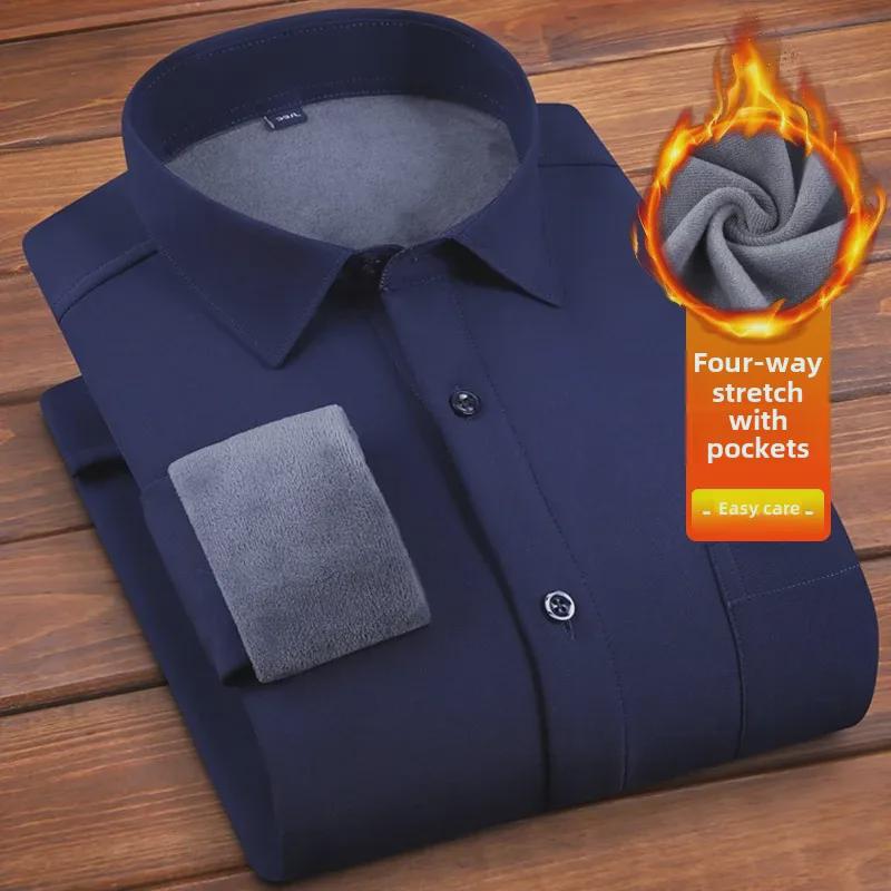 Winter Men's Plus Velvet Warm Stretch Business Casual Shirt - White