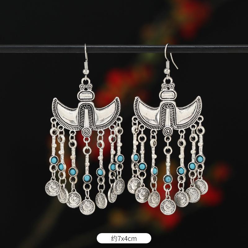Retro Exotic Ancient Silver Coins Tassel Earrings Women's Long Personalized Earrings Niche Earrings