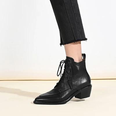 Retro Short Boots for Women French Pointed Toe Toe Lace-Up Thick Heels Shoes 2024 Woman Autumn Winter Mid-heel Office Boot Shoe