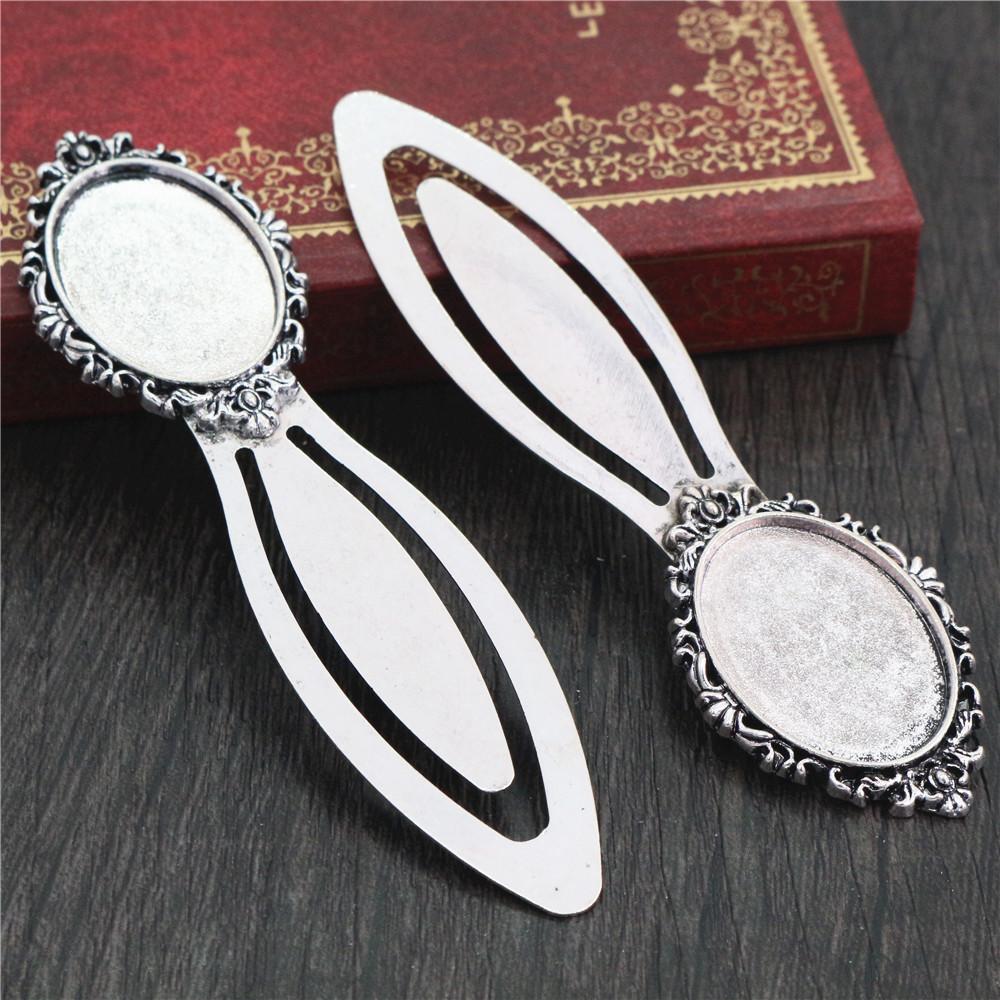 Neumodisches 2er-Set Lesezeichen (18 x 25 mm Innenmaß), antiksilberplattiert und bronzefarben, schlichtes Design, handgefertigt, Cabochon-Sockel, Kameenfassung