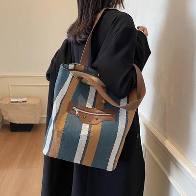 Large Capacity Commuter Bag Women's Winter New Striped Canvas Bag Casual Fashion Shoulder Tote Bag Travel Tote Bag