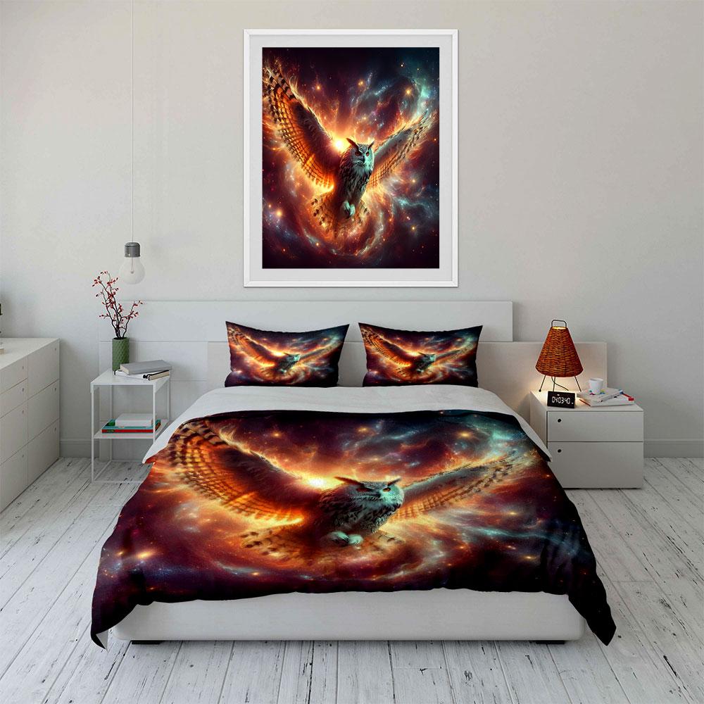 Fiery Owl Cosmic Decor Set Bedding Set With 1 Duvet Cover 2 Pillowcases Single Double King Queen, Gift