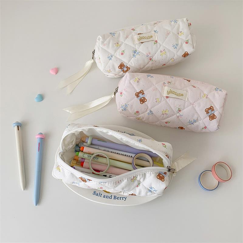 Cute Bear Prints Pencil Case Pen Bag Large-Capacity Student Stationery Storage Bag Portable  Girly Cosmetic Bag Gifts
