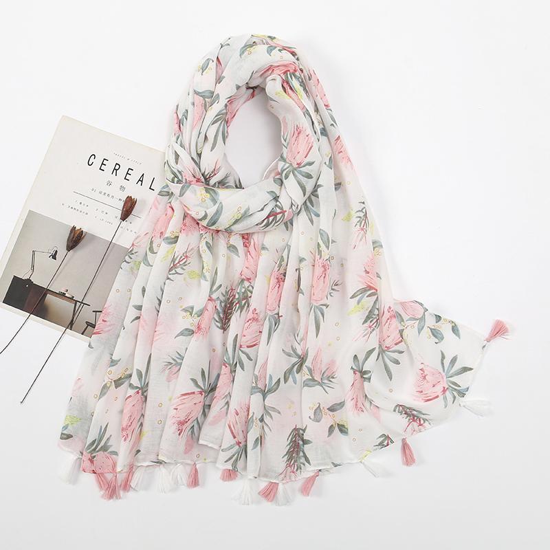 Fashion Printing Flower Tassel Shawl Cotton Viscose Scarf Women Beach Sunscreen Shawl Muslim Hijab Wrap Headscarf 180*90cm