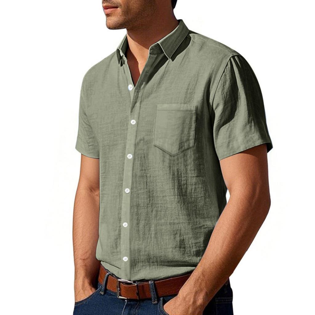 Men's Linen Lapel Short-sleeved Shirt, Solid Color,breathable, Loose And Casual Shirt With  Pocket